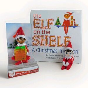 Elf On The Shelf LOT 3: Candy Holder Ornament Christmas Figurine, Book & Pull